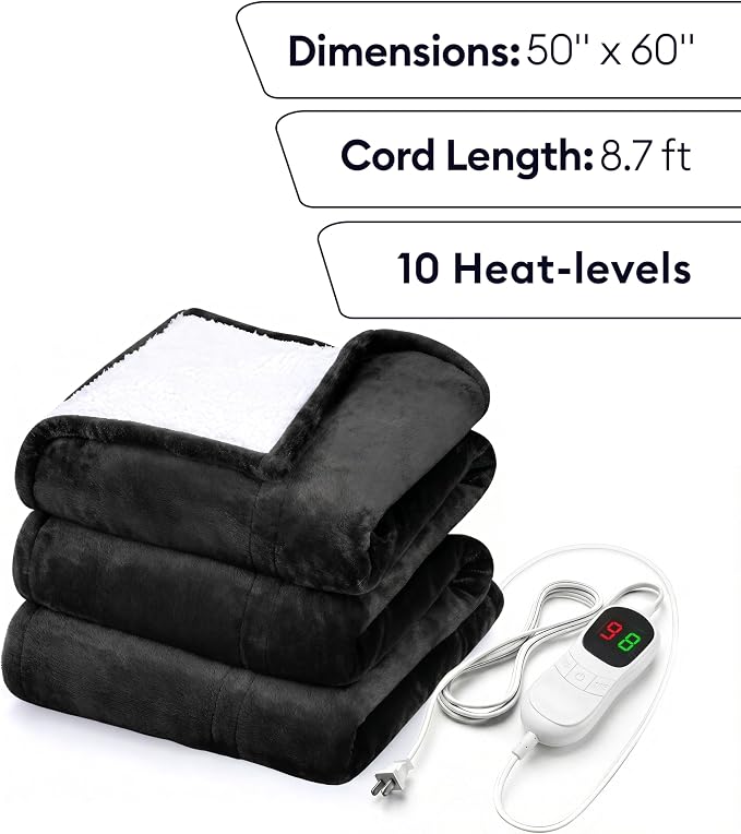 Heated Blanket Electric Throw 50"x60" – Safe Electric Heating Blanket with Auto Shut-Off & Overheat Protection, 10 Heat Settings, Washable Heated Throw for Couch, Bed, Office & Dorm, Charcoal Black