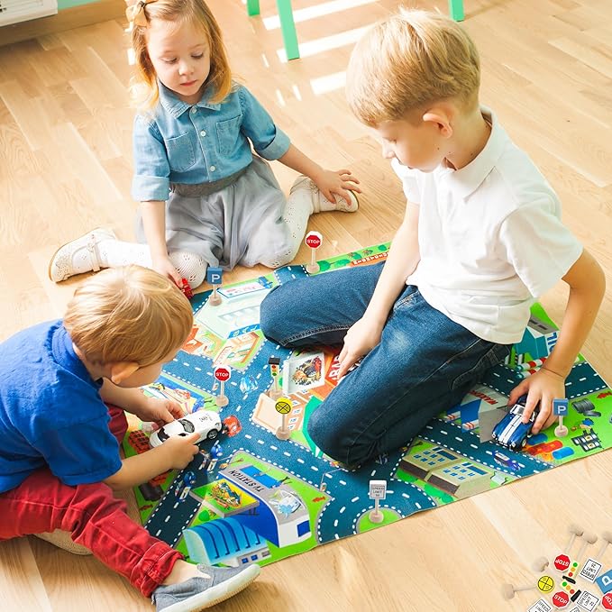 Kids Wooden Street Signs Playset (14-Piece Set), Wood Traffic Signs Perfect for Car & Train Set