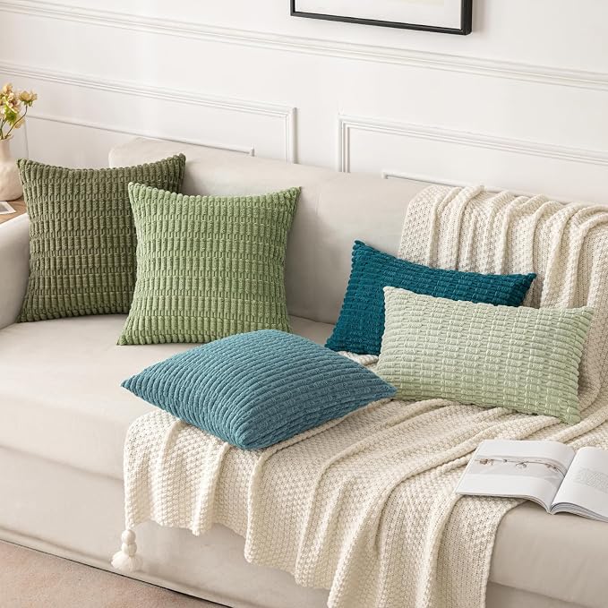 MIULEE Corduroy Decorative Throw Pillow Covers 20x20 Coastal Blue Pack of 2 | Soft Boho Striped Pillow Covers Modern Farmhouse Home Decor For Sofa Living Room Couch Bed