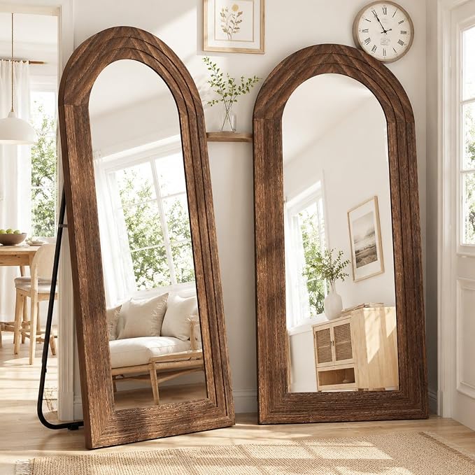 ZHUNFA Arched Full Length Mirror with Solid Wood Frame, 65x22, Brown | Farmhouse Wall Mounted Floor Mirror with Stand, Vertical Hanging, Leaning Standing for Bedroom, Living Room