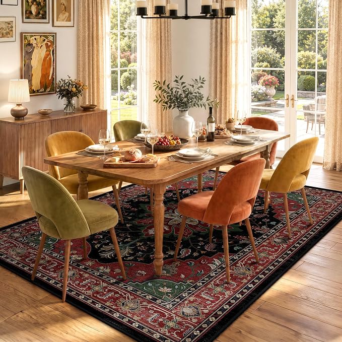 RELEANY Area Rugs 5'x7' Washable Non-Slip, Floral Vintage Distress Medallion Carpet for Living Room Bedroom Dining Room, Red Black