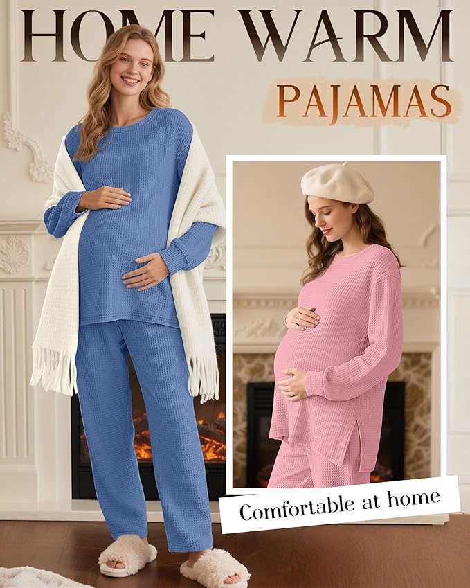 3 Pack Women's Maternity Shirts Long Sleeve Waffle Knit Side Split Oversized Tops Pregnancy Clothes Fall Tees