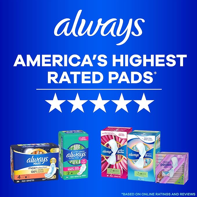 Always Maxi Feminine Pads with Wings for Women, Size 3, Extra Long Super Absorbency, Unscented, Up to 100% Leak-Free Protection, 33 Count
