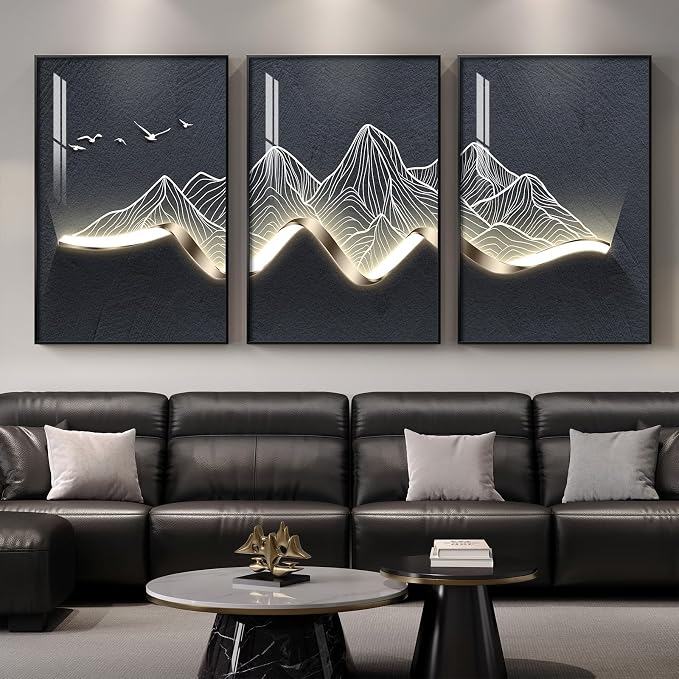Large Framed Modern Abstract Mountain Wall Art for Living Room, 3 Piece Contemporary Minimalist Prints Paintings, Elegant Luxury Pictures for Entryway, Bedroom, Home Office Wall Decor 24x36 In