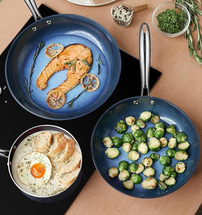 KOCH SYSTEME CS 14 Inch Large Frying Pan with Lid, Nonstick Skillet with Ceramic Interior, Large Fry Pan for Family & Commercial Cooking, Frying Pan Nonstick, Oven Safe & Induction Compatible, Blue