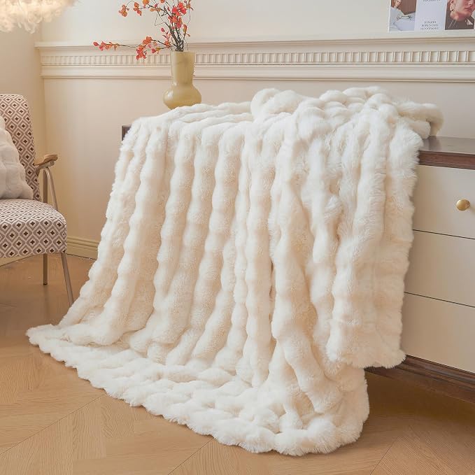 LIFEREVO Luxury Fluffy Faux Rabbit Fur Throw Blanket 60x80, Beige | Plush Bubble Lap Throw for Couch Sofa Office, Soft Cozy Furry Ivory Bed Blanket Home Decoration, Washable & Skin-friendly