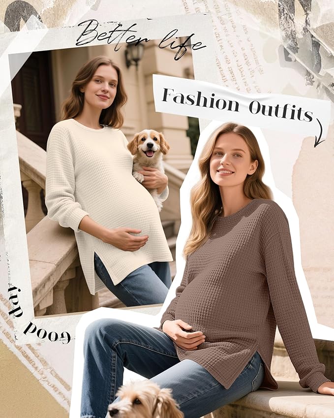 3 Pack Women's Maternity Shirts Long Sleeve Waffle Knit Side Split Oversized Tops Pregnancy Clothes Fall Tees
