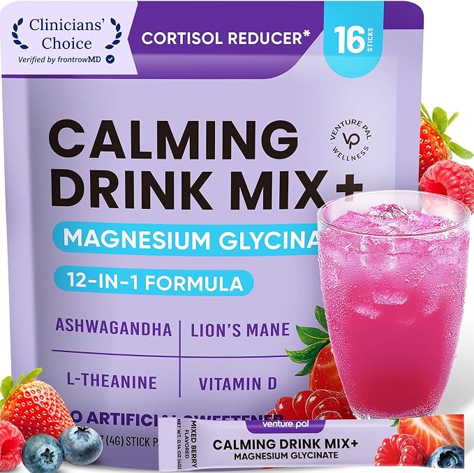 Venture Pal Calm Drink Mix, 12-in-1 Cortisol Reducer and Sleep Aid with Magnesium Glycinate, Ashwagandha, L-Theanine,Vitamin D, Calm Magnesium Powder for Relax & Focus, No Sugar, Non GMO