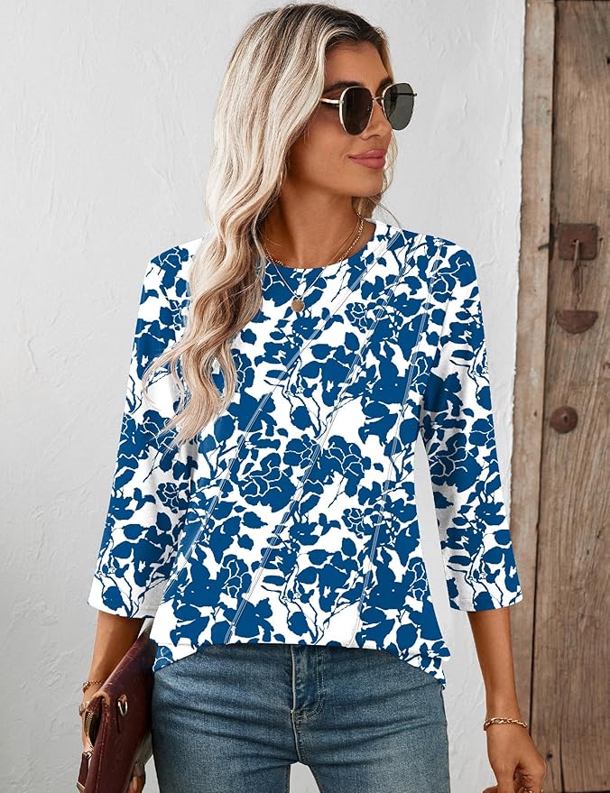 LOMON 3/4 Length Sleeve Womens Tops Spring Summer Fashion 2026 Tops Crew Neck Pleated Shirts Tunic Top Loose Fit
