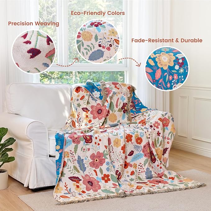 MSGKV Boho Throw Blanket 50"x60" Summer Cotton Floral Blanket for Couch | Muslin Throw, Floral Pattern, Reversible Woven, Lightweight Comfort, Farmhouse Decor, All Seasons, Machine Washable