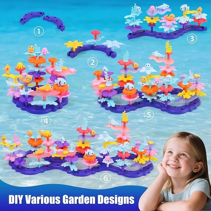 Ocean Flower Garden Building Toy for Toddlers 3-7 Years Old - Educational STEM Gifts for Girls Age 3 4 5 6 7, DIY Kids Sea Animal Coral Stacking Set, 120+ PCS Preschool Learning Activity Kit