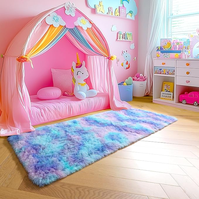 Amdrebio Purple Rainbow Mermaid Fluffy Runner Area Rug 2x6 for Kids Bedroom | Plush Furry Shag Pastel Girls Carpet, Baby Nursery Classroom Dorm Playroom Decor, Cutecore Kidcore Aesthetic, Pink Blue Color