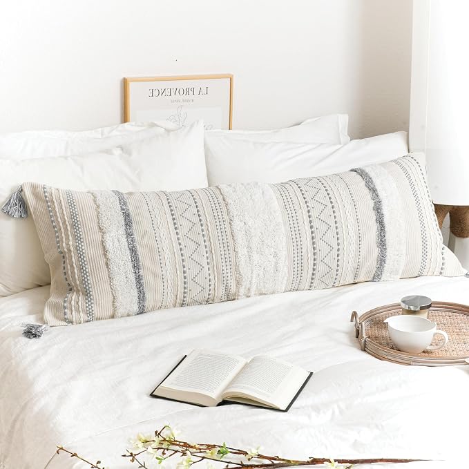 20X54 Oversized Large Lumbar Pillow Cover for Bed, Rectangular Long Decorative Throw Pillowcase, Cotton Boho Accent Cushion with Gray Tufted Pattern and Tassels, Cream Neutral (Cover Only)
