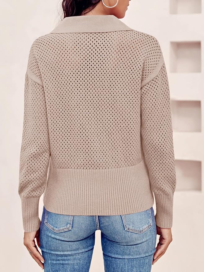 Doshoop Womens Summer Crochet Sweaters Long Sleeve Hollow Out Knit Half Zip Lapel Collar Pullover Tops