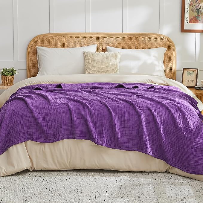 EMME Muslin Blankets for Adults Throw Blanket for Couch Breathable Gauze Soft Lightweight Airy Purple King 108" x 90"