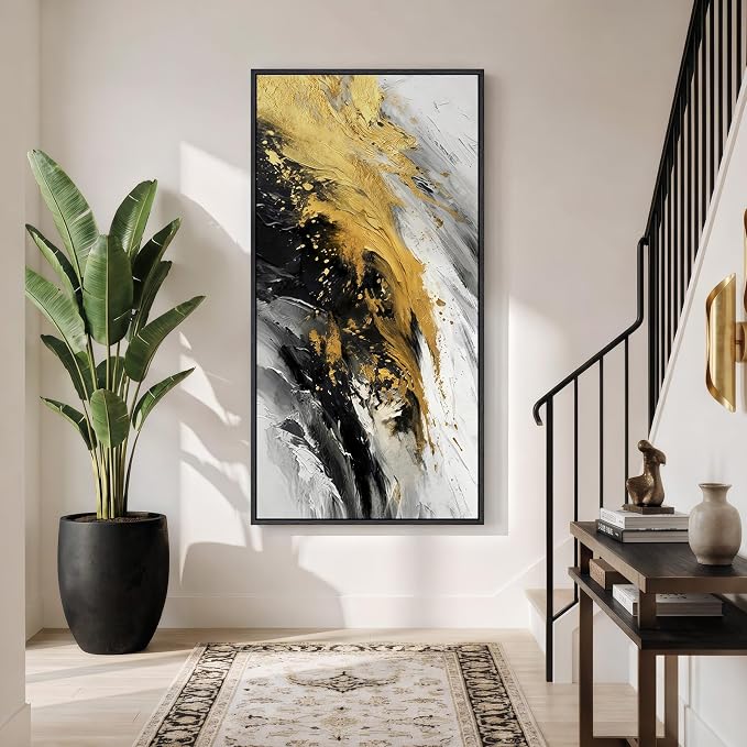 Large Framed Black and White Gold Abstract Wall Art, Modern Vertical Canvas Prints Paintings Artwork for Walls, Contemporary Pictures Wall Decor for Hallway Living Room Dining Room Entryway, 30x60 In
