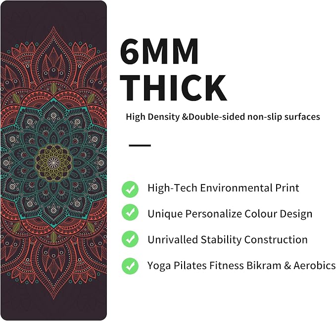 nuveti Yoga Mat Print Extra Thick TPE Non Slip Fitness Exercise Mat with Carrying Bag,72"x24" Extra Thick 6MM Exercise & Workout Mat for Yoga, Pilates Fitness and Floor Exercises