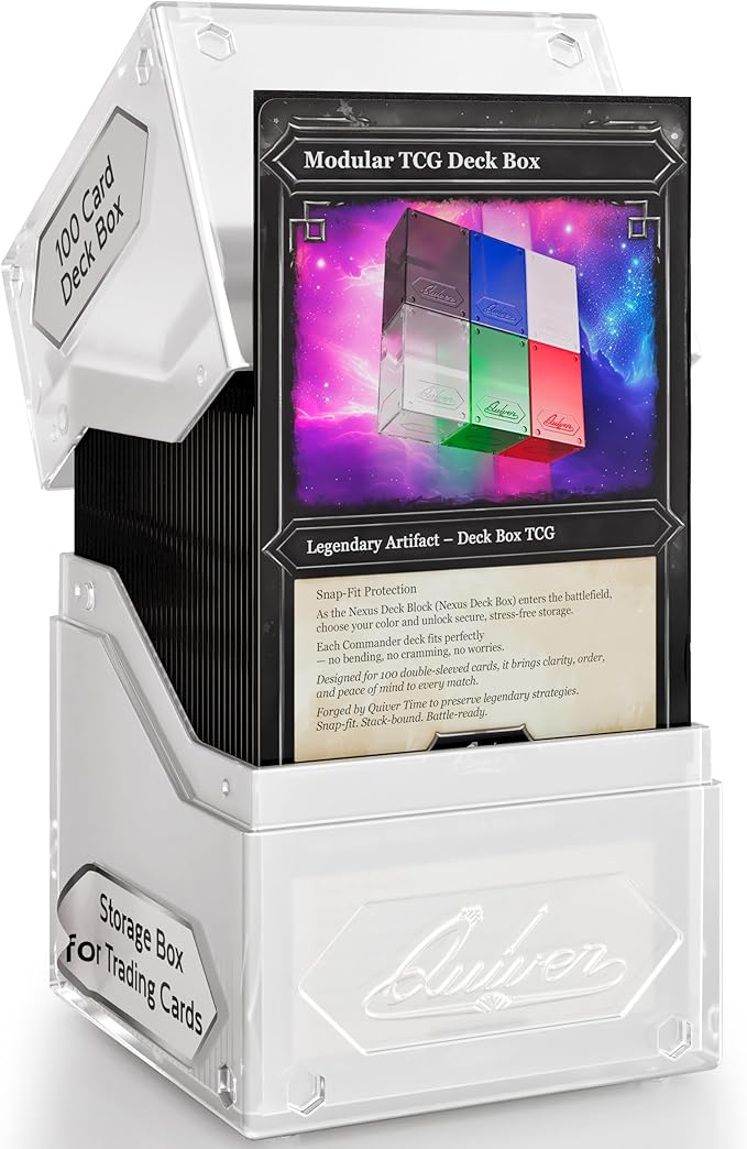 Quiver Time 360° Modular Nexus DeckBlock - Durable Stackable MTG Deck Box for Commander fits 100+ Cards | Stylish 100 Card Deck Box MTG | Interchangeable TCG Decks Boxes (1 pcs, White)