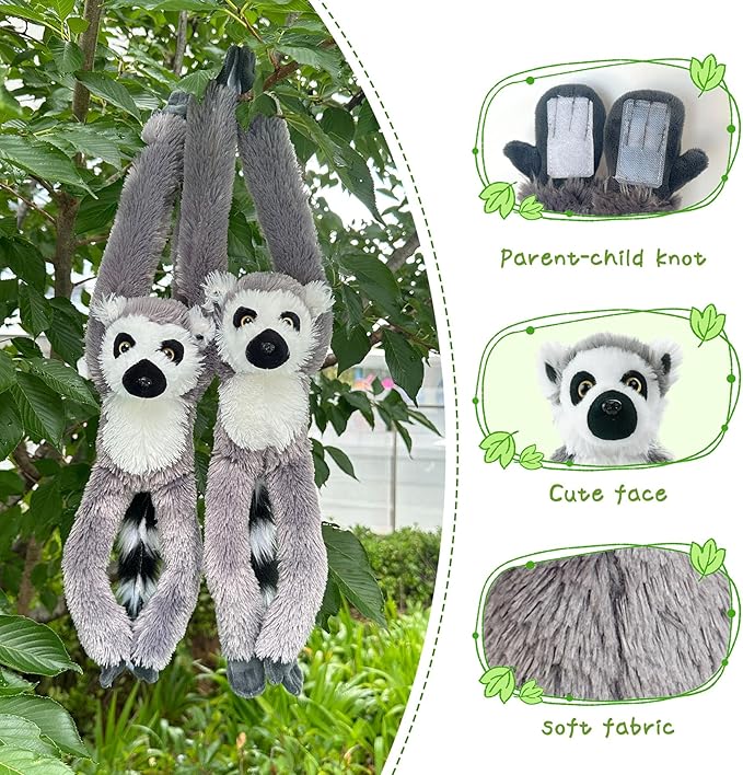 2 Pcs 50CM realistic hanging plush animal-filled lemur toys with hands and feet Parent-child knot , Lemur soft long plush jungle party decoration curtain storage toys Stuffed Animals for Kids 4-8