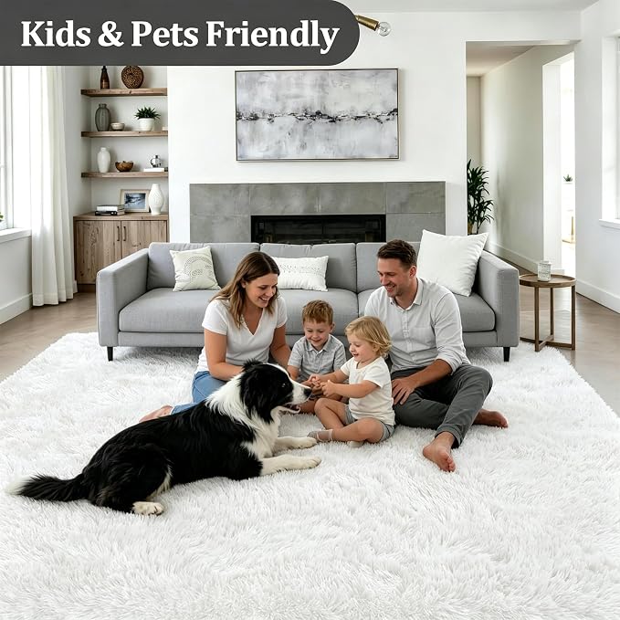 8x10 Area Rugs for Living Room Bedroom: Ultra Soft Fluffy Shag Rug Upgrade Non-Slip Non-Shedding Large Fuzzy Plush Carpet Indoor Floor Carpets for Kids Room Playroom Nursery Dorms Home Decor Ivory