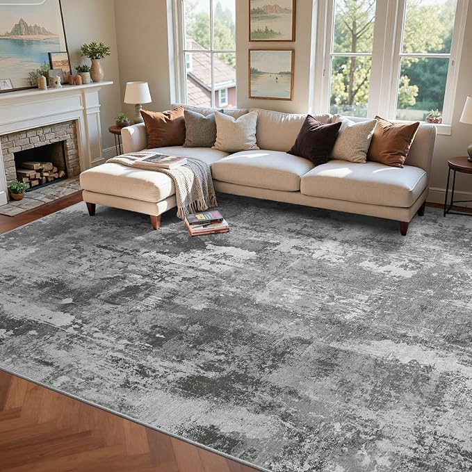 9x12 Ft Extra Large Washable Area Rugs for Living Room, Soft Non-Slip Modern Abstract Print Pattern Carpet for Bedroom Indoor Floor Nursery Home Decor (Dark Grey)