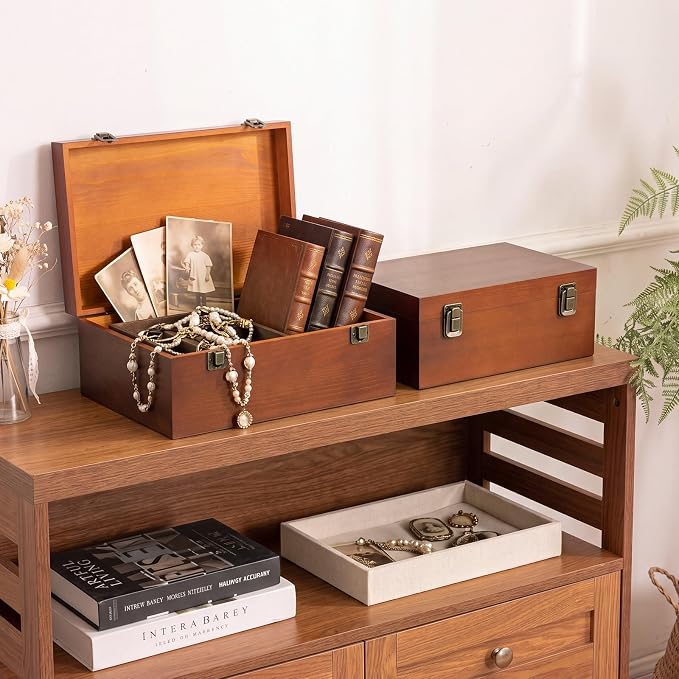 Sliner 2 Pcs Wooden Decorative Storage Boxes with Lids Vintage Wood Organizer Bins for Your Bookshelf Home Decor Safely Store Photos Documents Memory Jewelry Craft Storage (Warm Brown,S M Size)