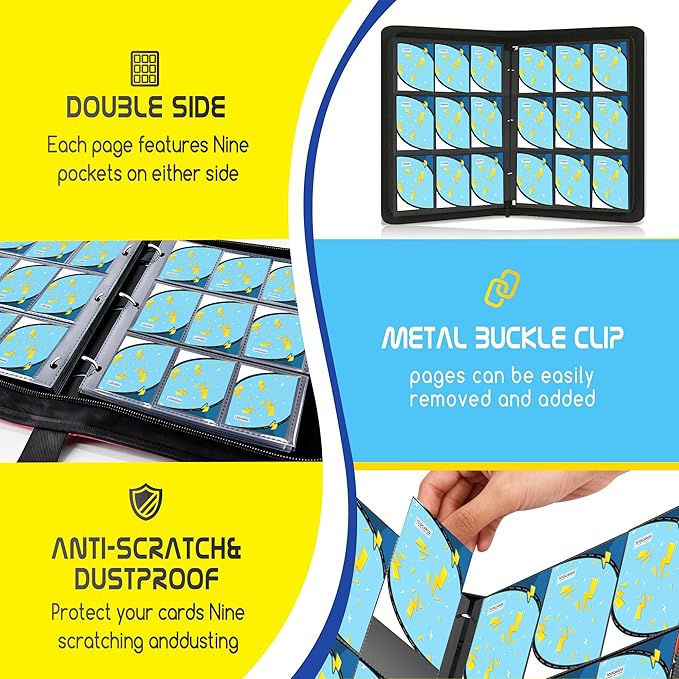 Trading Card Binder 9 Pocket,900 Pocket Card Collection Binder with 50 Removable Sleeves,PU Waterproof Top Card Book,3-Ring Zipper Collectible Trading Card Album for MTG/TCG/Card Holder Gift(Blue)