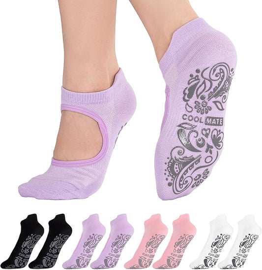COOLMATE Pilates Socks with Grips for Women, Yoga Socks, Crew Non Slip Women for Barre, Pilates Gifts for Women