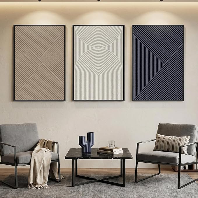 Large Framed Neutral Abstract Wall Art for Living Room, 3 Piece Modern Canvas Prints Paintings, Beige and Deep Blue Minimalist Geometric Pictures for Hallway Dining Bedroom Office Wall Decor 24x36 In
