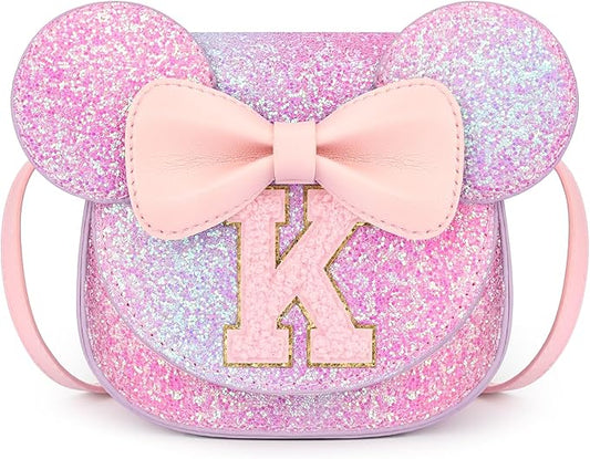 mibasies Toddler Purse Girl Gifts: Girls Birthday Gifts for 3-8 - Toys for Ages 2-4 Girls Mouse Ears Purse, Purple Rainbow, Letter K
