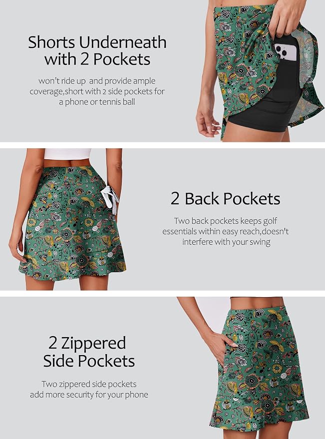 PINSPARK 18" Golf Skorts for Women with 6 Pockets Ruffle Athletic Skort | Above the Knee,High Waist,UPF 50+,4-way Stretch,Lightweight,Ruffle Hem,Tennis,Casual,Work,Pickleball