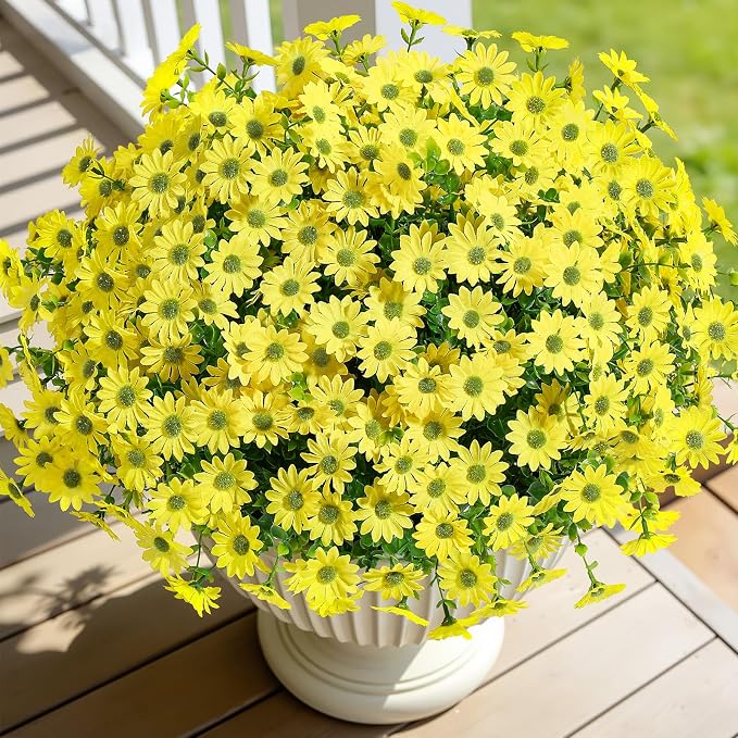 Alupssuc 20 Bundles Artificial Daisies Flowers Fake Silk Plant for Indoor Outdoor Decor, UV Resistant No Fade Faux Spring Flowers for Garden, Porch & Patio Decoration,Yellow