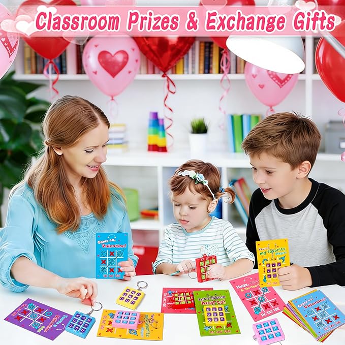 24 Pack Valentines Day Gifts for Kids Classroom Valentines Day Cards with Tic-Tac-Toe Game Keychains Valentines for Kids School Class Exchange Cards Valentines Party Favors Boys Girls Toddlers