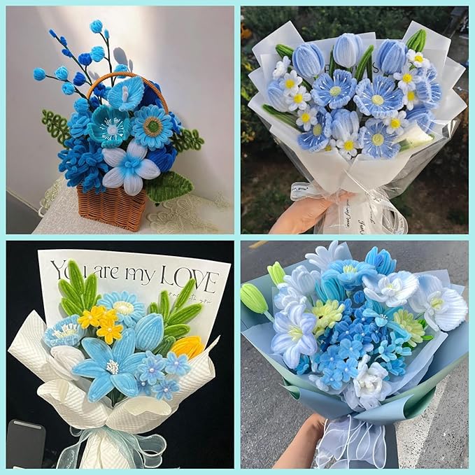 ASTARON 521 Pcs Pipe Cleaners Craft Set, 5 Colors Pipe Cleaners Bulk Pastel Chenille Stems for Craft Pipe Cleaner Flowers Making Kit with Floral Wires, Gardening Tape (Blue Yellow Series)
