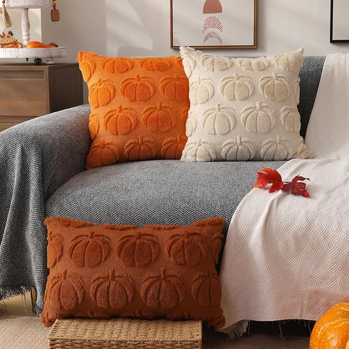 DFXSZ Fall Pillow Covers 16x16 2Pcs Beige Pumpkin Fall Decorations for Home | Fall decor Set of 2 Throw Pillow Cases Soft Plush Faux Fur Wool Couch Cushion for Chair Sofa Bedroom Living Room Home Decor