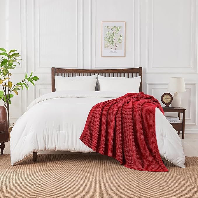 Douceur Christmas Red Throw Blanket for Bed, Soft Chunky Cable Knit Throw Blanket, Classic Fisherman's Rib Stitch Pattern Throw for Living Room,60"X80"