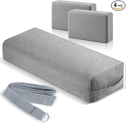 4 Pcs Yoga Bolster Pillows Blocks with Strap Set Comfortable Meditation Pillow with Carry Handle for Restorative Non Slip Reusable Yoga Blocks for Balance, Pilates, Washable Cover