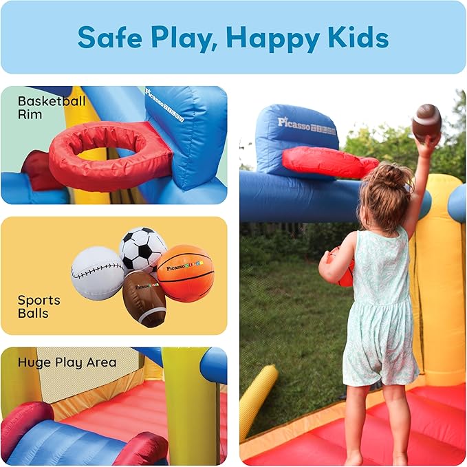 [Upgrade Version] PicassoTiles KC102 12x10 Foot Inflatable Bouncer Jumping Bouncing House, Jump Slide, Dunk Playhouse w/Basketball Rim, 4 Sports Balls, Full-Size Entry, 580W ETL Certified Blower