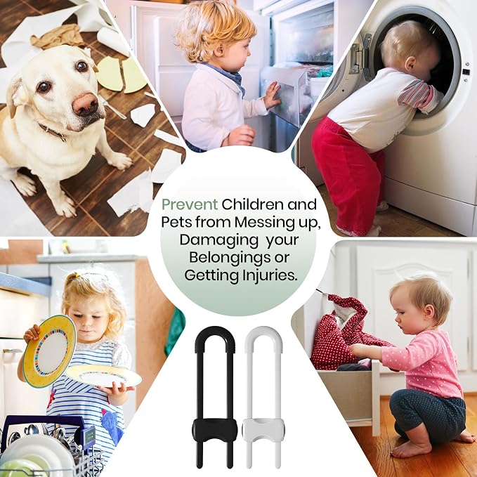 Jetec 10 Pack Baby Cabinet Locks, No Adhesive No Drill Child Safety Locks for Cabinets with Knobs or Handles, Adjustable U-Shaped Child Proof Latches for Cupboards, Fridge, Closet, Pets(White, Black)