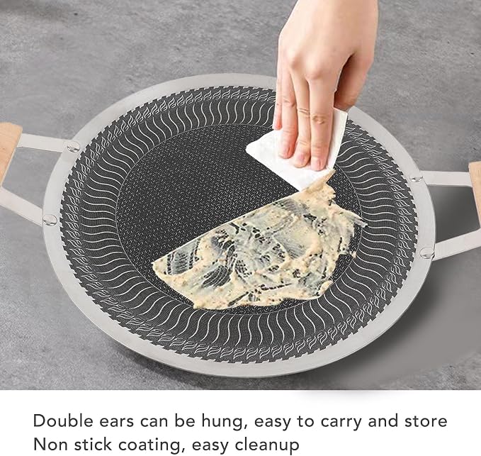 POCREATION Korean BBQ Grill Pan, Stainless Steel Nonstick Even Heating Cooking Pan for Indoor Outdoor Gatherings with Wood Handle Induction Gas Electric Compatible Round 38cm 1 Pack