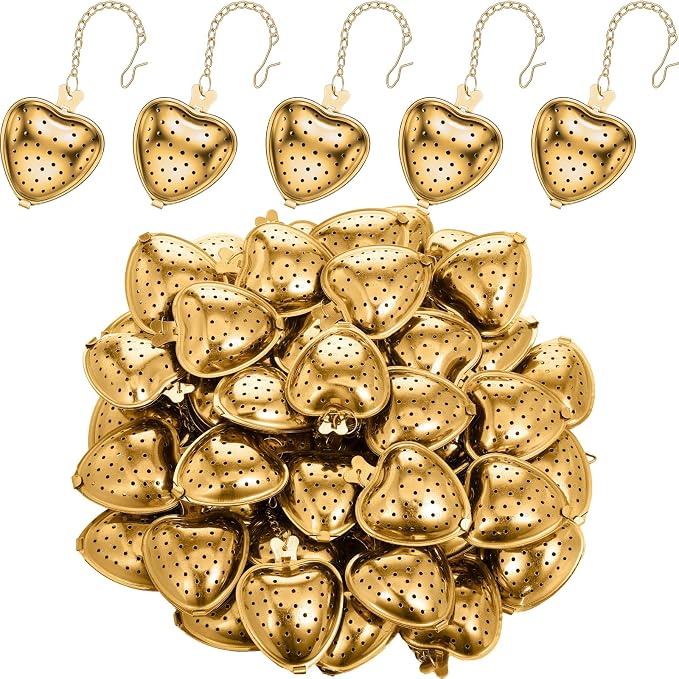 Sumind 100 Pcs Tea Strainer Stainless Steel Tea Ball Infuser Loose Leaf Tea Steeper Tea Interval Diffuser Heart Shape Mesh Tea Filters with Extended Chain Hook for Seasonings Cup Bottle (Gold)