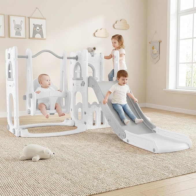 OLAKIDS Toddler Slide and Swing Set, 7 in 1 Kids Indoor Outdoor Playground with Climber Basketball Hoop Telescope Toy Storage for Boys Girls Aged 1+ (Grey)