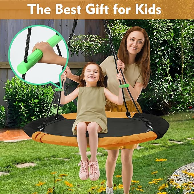 YSEJOMP 3.3FT Round Saucer/Tree Swing with Handles -Made of Sturdy Frame,PP Mat,Adjustable Multi-Strand Ropes,Safe and Durable for Yard Garden Playground Park (Black and Orange, 40 inches)