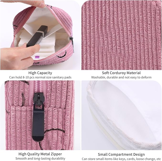 Sanitary Napkin Storage Bag, Corduroy Period Bag for Women, Cute Portable Period Pouch with Zipper, Sanitary Pads Bag Tampons Holder for Purse, First Period