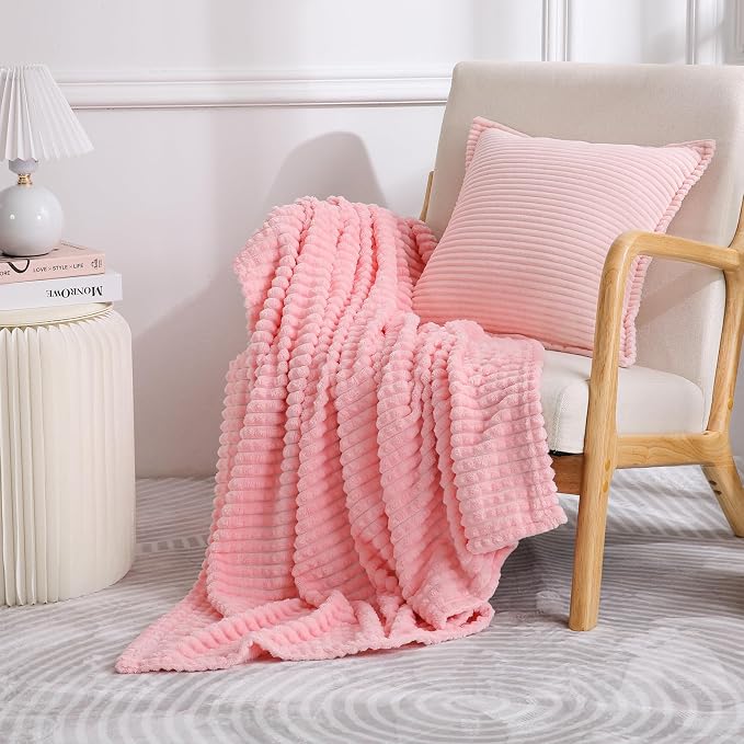 Puncuntex Fleece Throw Blanket Light Pink 60"×80" with Square Grid Design | Super Soft Plush Cozy Flannel Throw Blanket Luxury for Couch Sofa Chair