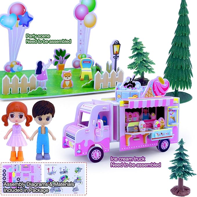 Pink Train Sets for Toddlers|Musical Electric Train Toys with DIY Ice Cream Truck 3D Foam Puzzles Party Scene Building Kit & Dolls for Girls Boys 3-5 Years Old Parent-Child Interaction Birthday Gift