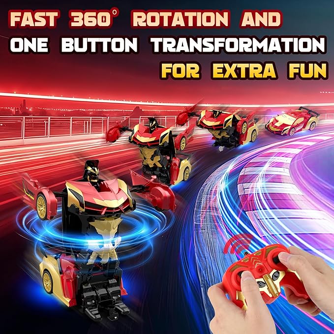 Transform RC Iron Man Cars Robot Toys with Underbody Lights, 2.4GHz Hero Remote Control Car One-Button Deformation, 360°Rotation Robot Car Toys Christmas Birthday Gifts for Kids Age 4 -12(1:18 Scale)