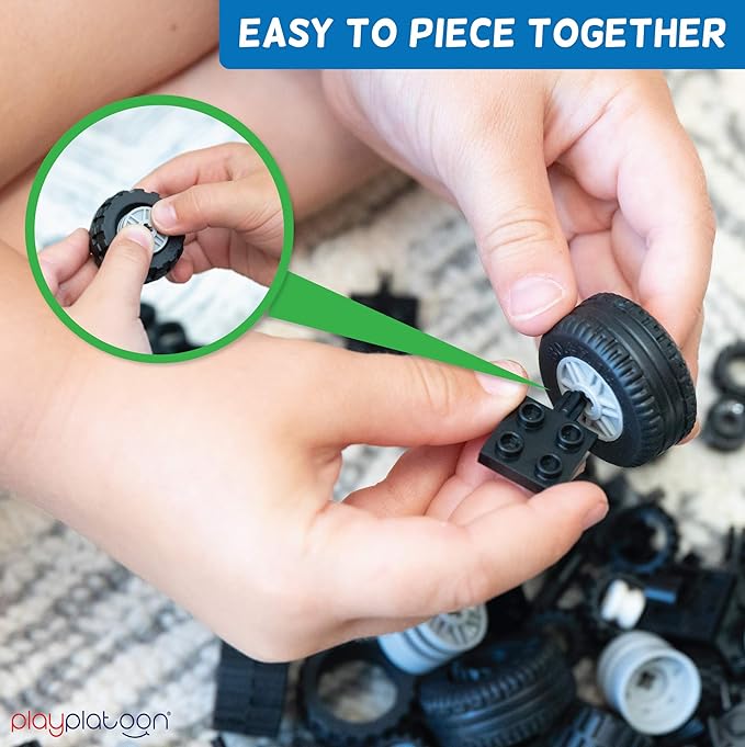 Play Platoon 400 Piece Wheels and Axles Sets, Building Bricks Car Parts & Pieces Kit - Car Building Set with Wheels, Axles & Windshields and Bonus Bricks
