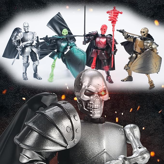 4 Set Skeleton Knight Action Figure Toy, Multi-Jointed Movable Dummy Medieval T13 Articulated Robot Figure, Fantasy Warrior Undead Skeleton Death Knights Display Model (Assembly Required)