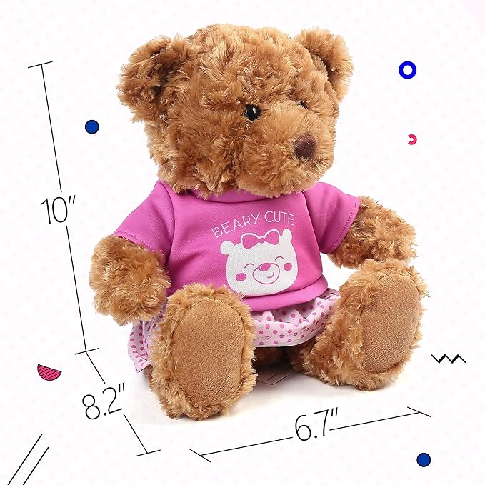 LotFancy Teddy Bear Stuffed Animal, with Removable Clothes, 10 inch Cute Baby Girl Bear Plush, with T-Shirt and Dress, Baby Shower Decoration, Easter Gift Plushies